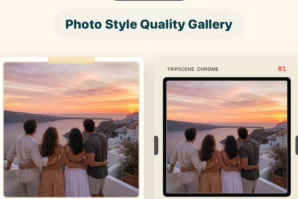 TripScene photo style gallery showing Polaroid and film treatments