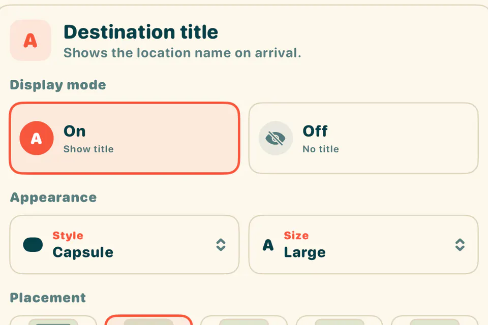 TripScene destination title appearance and placement controls
