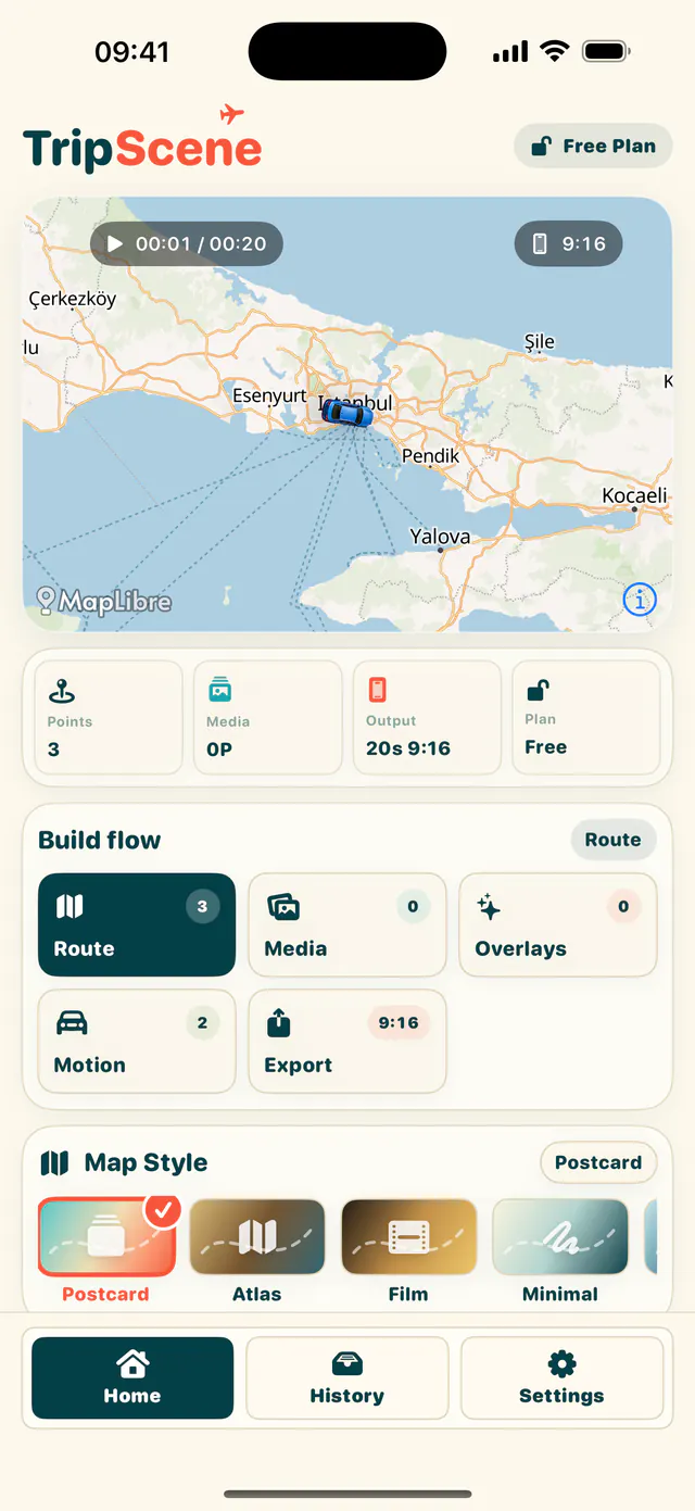 TripScene route editor showing the map, route, and creative tools