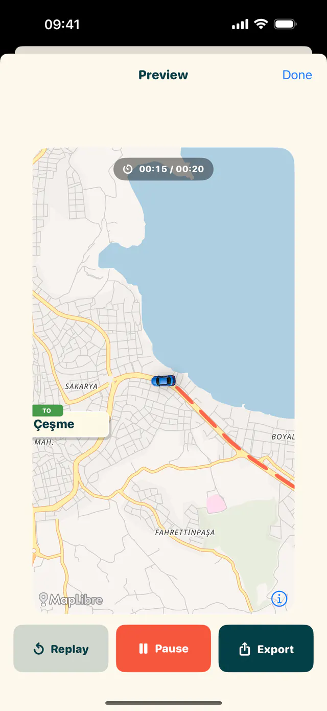 TripScene animated route preview in Cesme