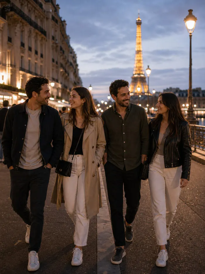 Friends walking near the Eiffel Tower at dusk